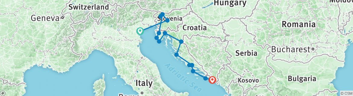 Image of a map showing the route of the tour
