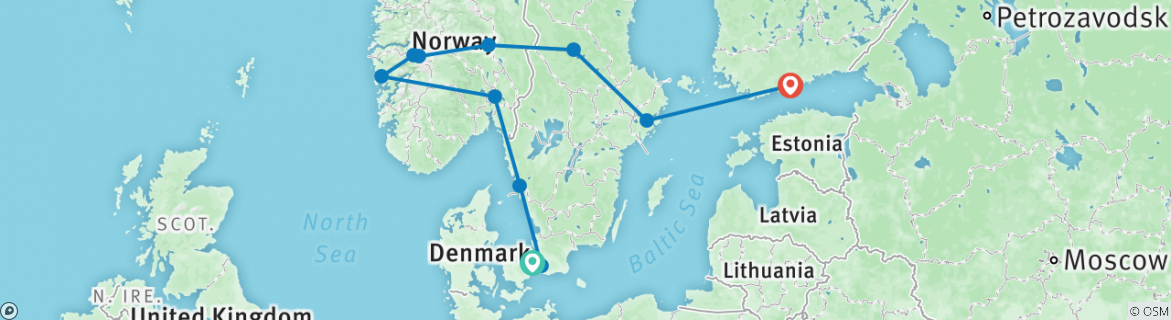 Image of a map showing the route of the tour