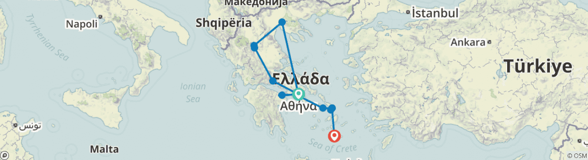 Image of a map showing the route of the tour
