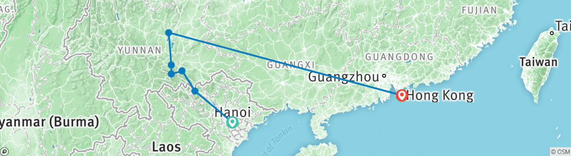Image of a map showing the route of the tour