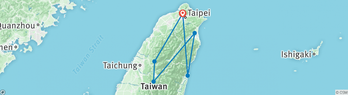 Image of a map showing the route of the tour