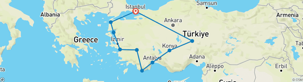 Image of a map showing the route of the tour