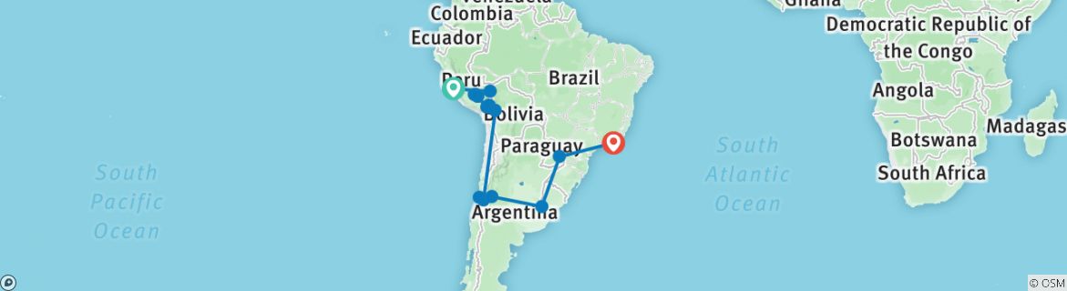 Image of a map showing the route of the tour