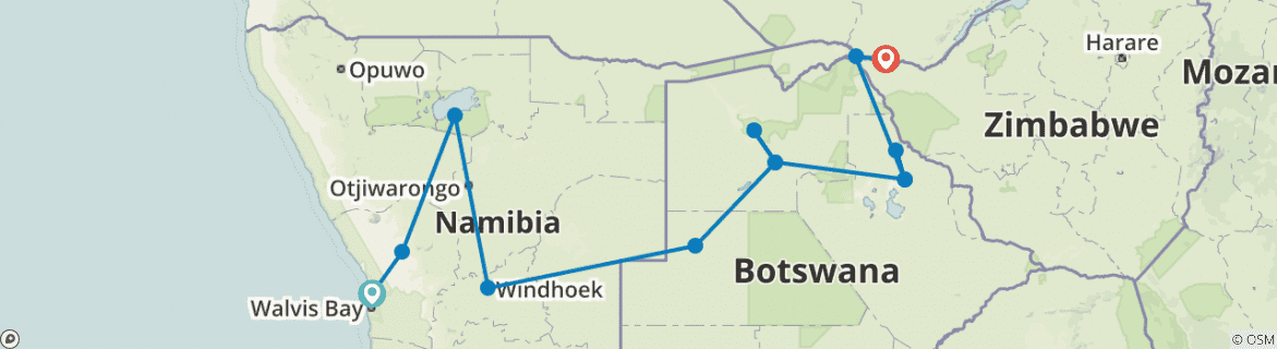 Image of a map showing the route of the tour