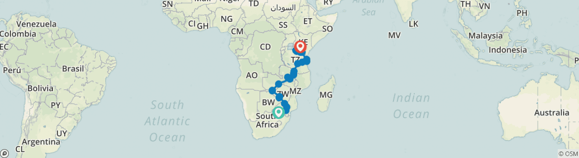 Image of a map showing the route of the tour