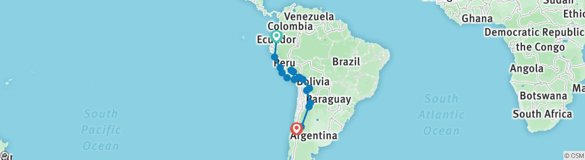 Image of a map showing the route of the tour
