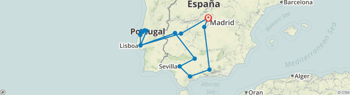 Image of a map showing the route of the tour