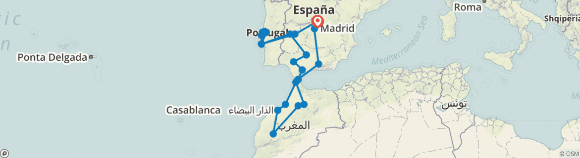 Image of a map showing the route of the tour