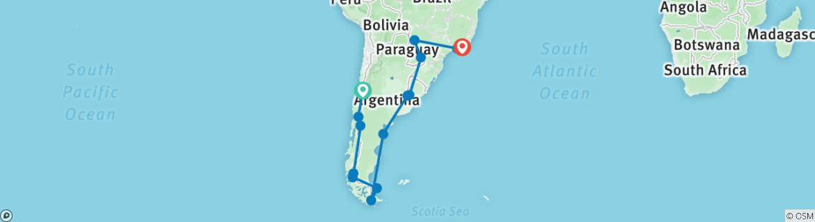 Image of a map showing the route of the tour