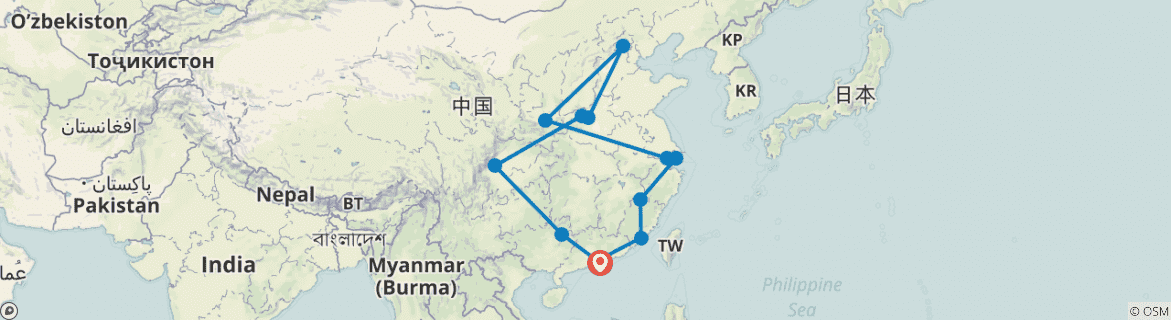 Image of a map showing the route of the tour