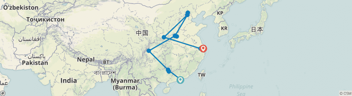 Image of a map showing the route of the tour