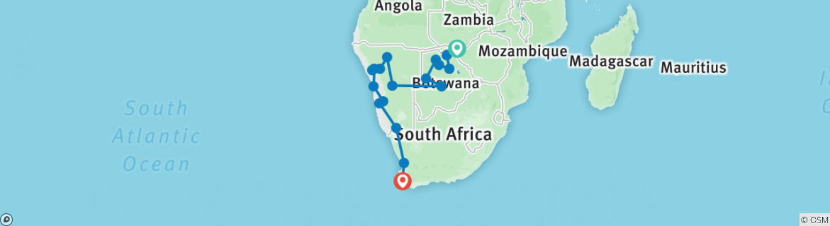 Image of a map showing the route of the tour