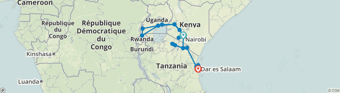 Image of a map showing the route of the tour