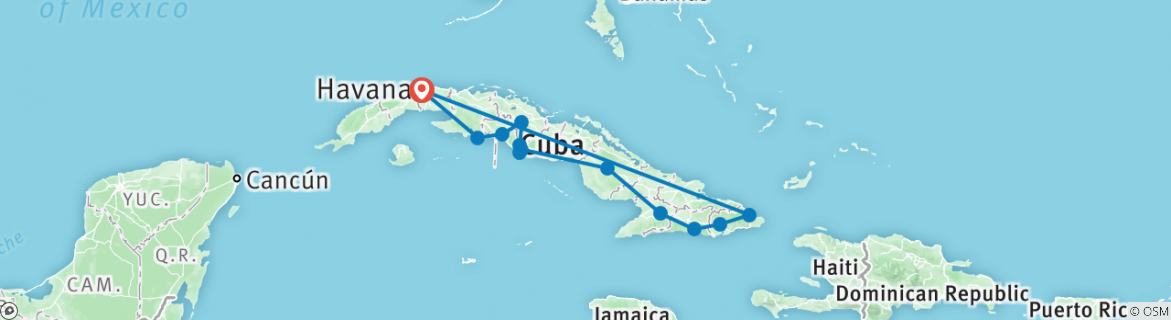 Image of a map showing the route of the tour