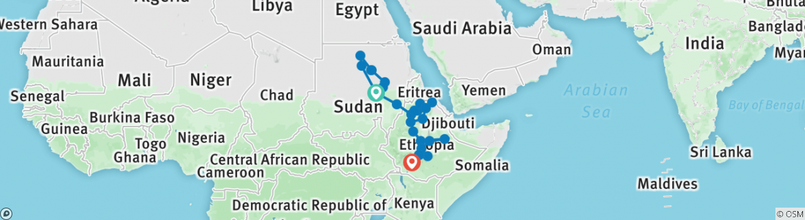 Image of a map showing the route of the tour