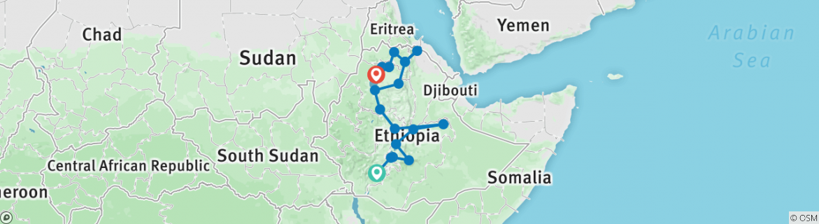 Image of a map showing the route of the tour