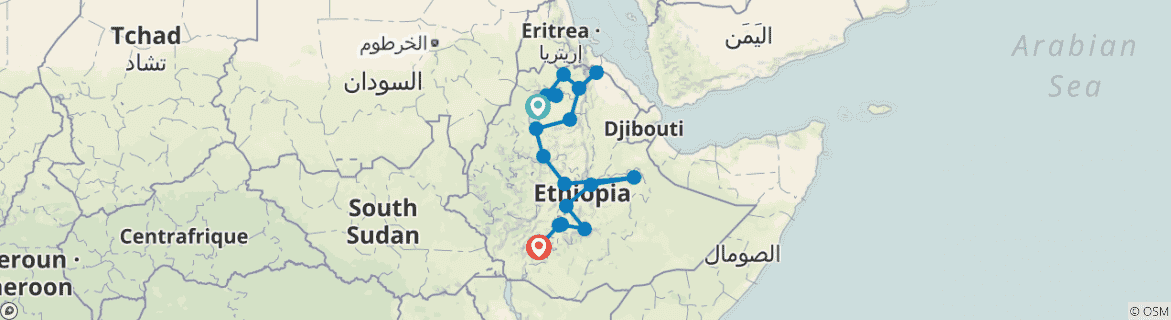Image of a map showing the route of the tour