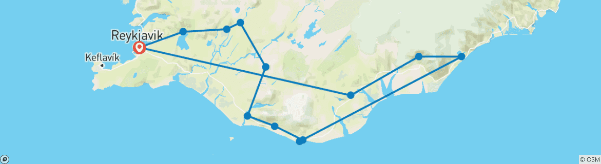Mapa de 3 días en el Círculo Dorado, Costa Sur, la laguna de Jökulsárlón y la cueva de hielo