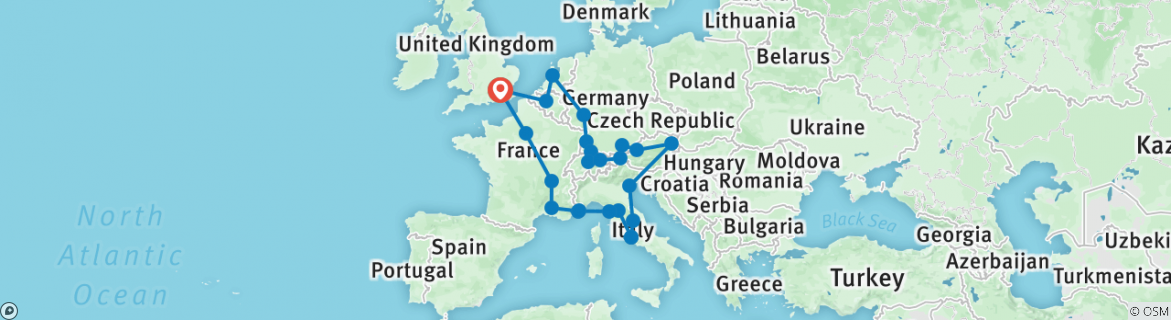 Image of a map showing the route of the tour