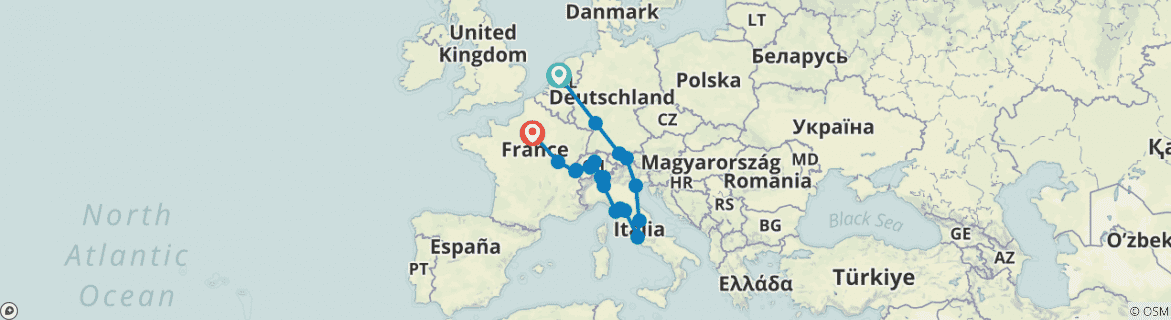 Image of a map showing the route of the tour