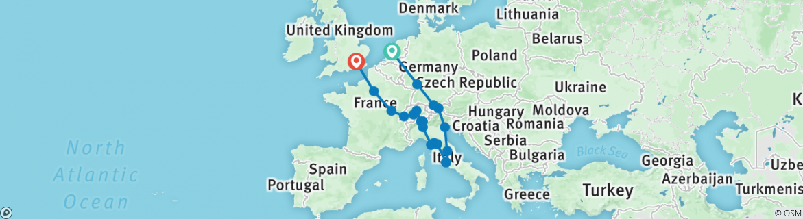 Image of a map showing the route of the tour