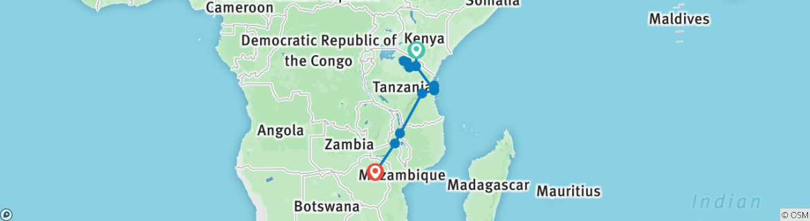 Image of a map showing the route of the tour