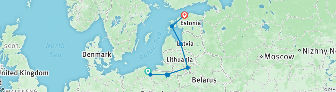 Image of a map showing the route of the tour