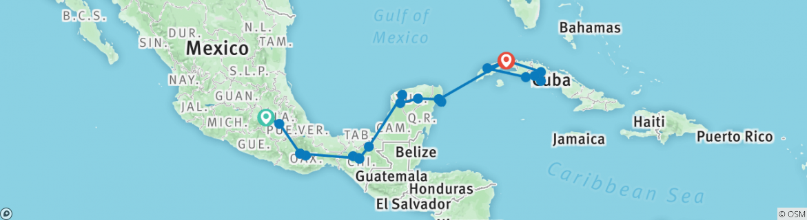 Image of a map showing the route of the tour