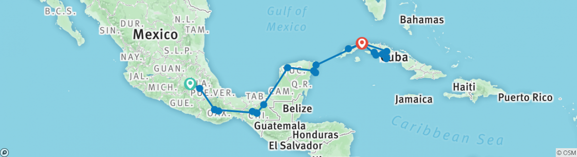 Image of a map showing the route of the tour