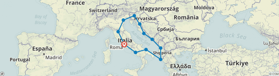 Image of a map showing the route of the tour