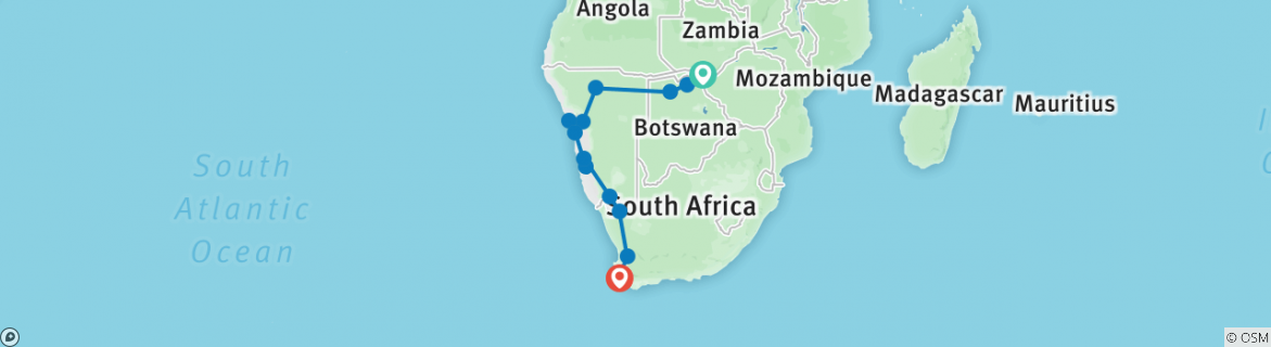 Image of a map showing the route of the tour