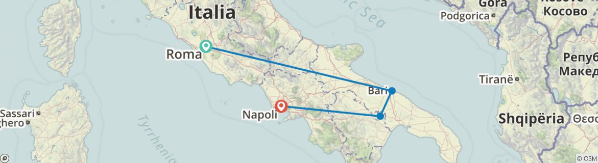 Image of a map showing the route of the tour