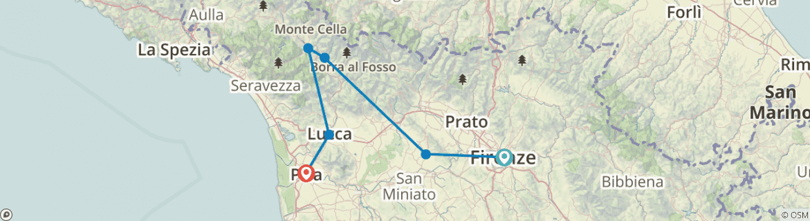 Image of a map showing the route of the tour
