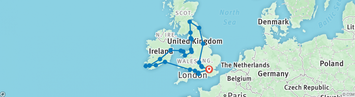 Image of a map showing the route of the tour