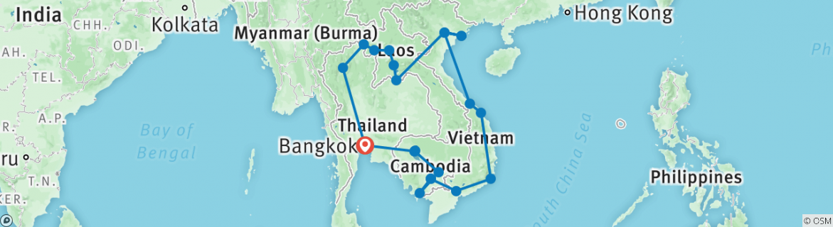 Image of a map showing the route of the tour