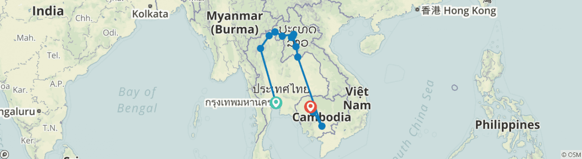 Image of a map showing the route of the tour
