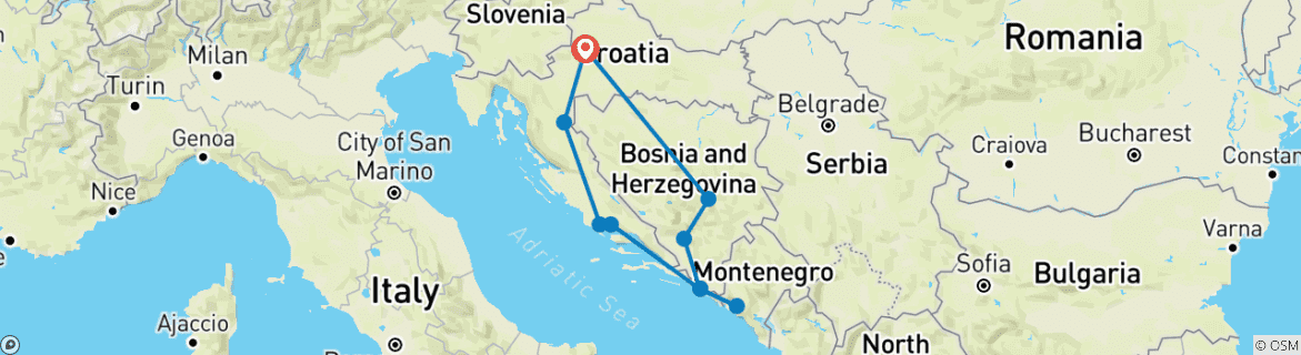 Image of a map showing the route of the tour