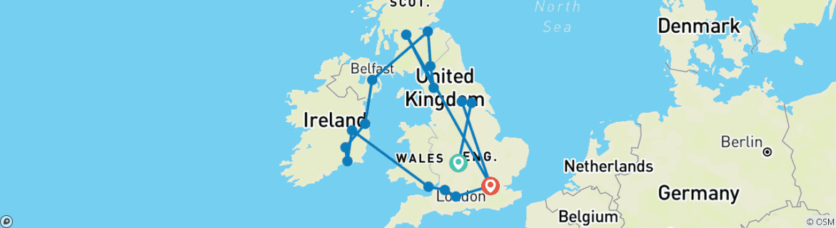 Image of a map showing the route of the tour