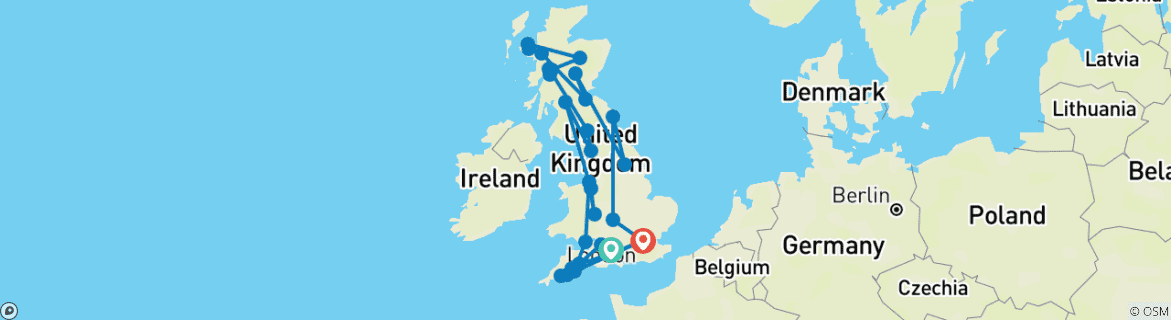 Image of a map showing the route of the tour
