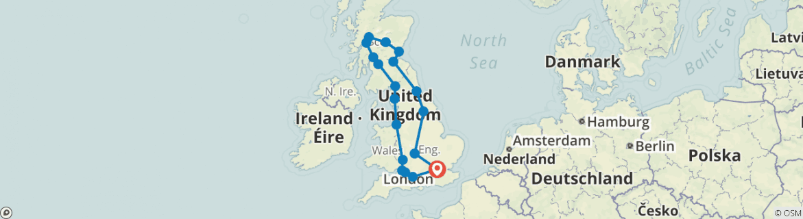 Image of a map showing the route of the tour