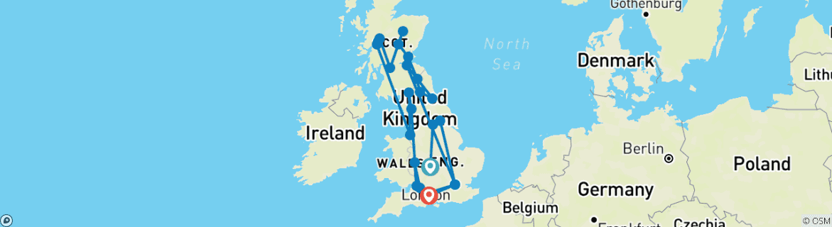 Image of a map showing the route of the tour