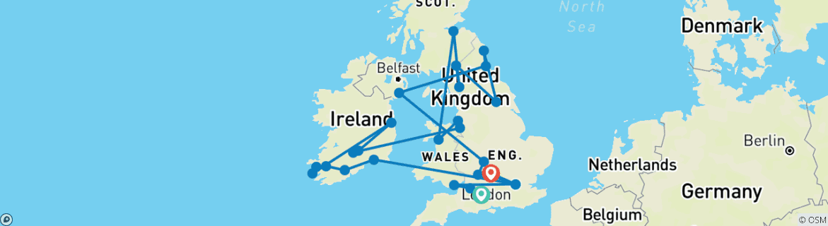 Image of a map showing the route of the tour