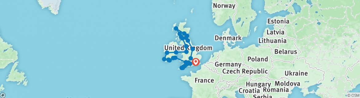 Image of a map showing the route of the tour