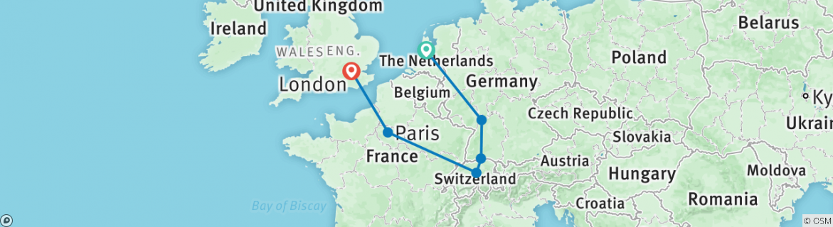 Image of a map showing the route of the tour