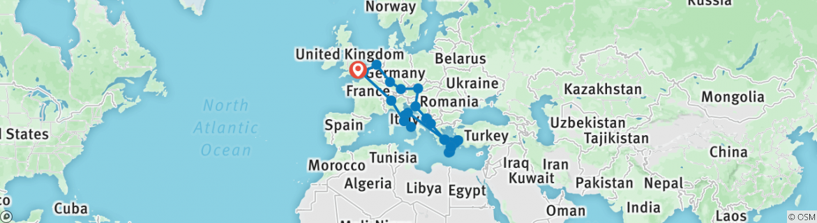 Image of a map showing the route of the tour