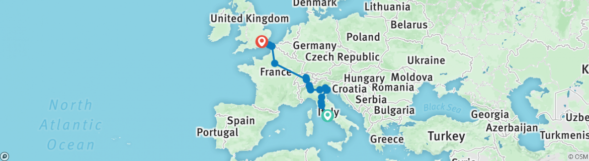 Image of a map showing the route of the tour