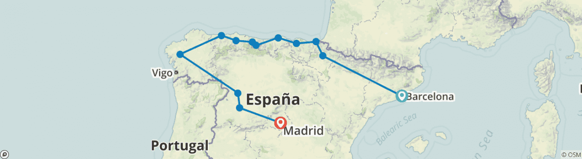 Image of a map showing the route of the tour