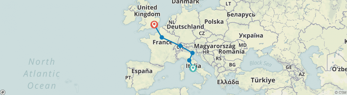 Image of a map showing the route of the tour