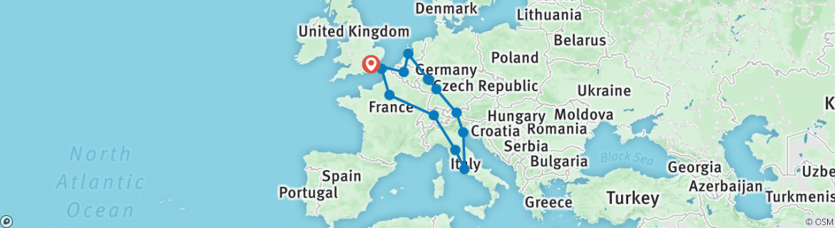 Image of a map showing the route of the tour