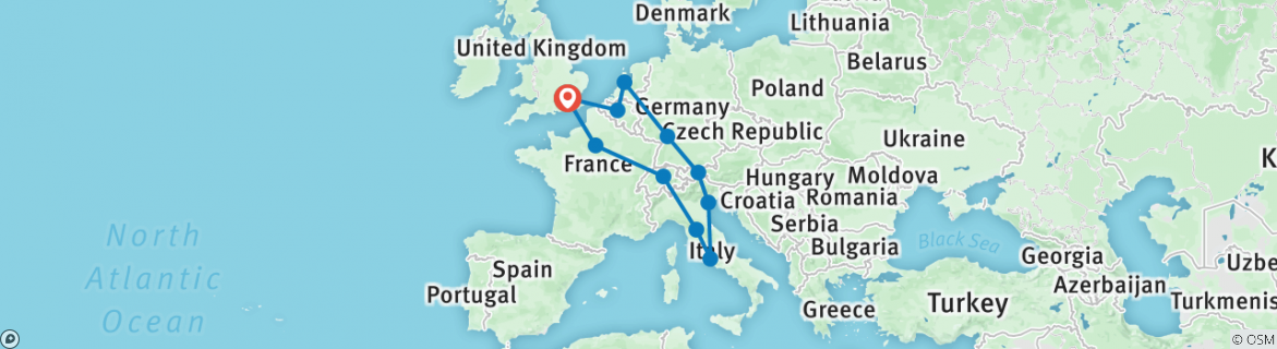 Image of a map showing the route of the tour
